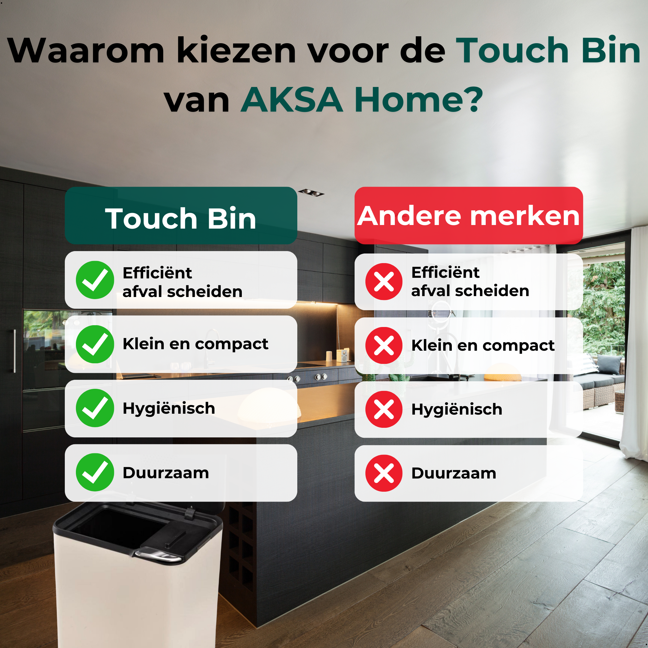 AKSA Home® Touch Bin Prullenbak - Beige - 36L